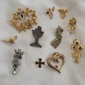 Lot 11 Vintage Tie Tack Lapel Pins Avon Angel HeartNew Jersey Cross Religious